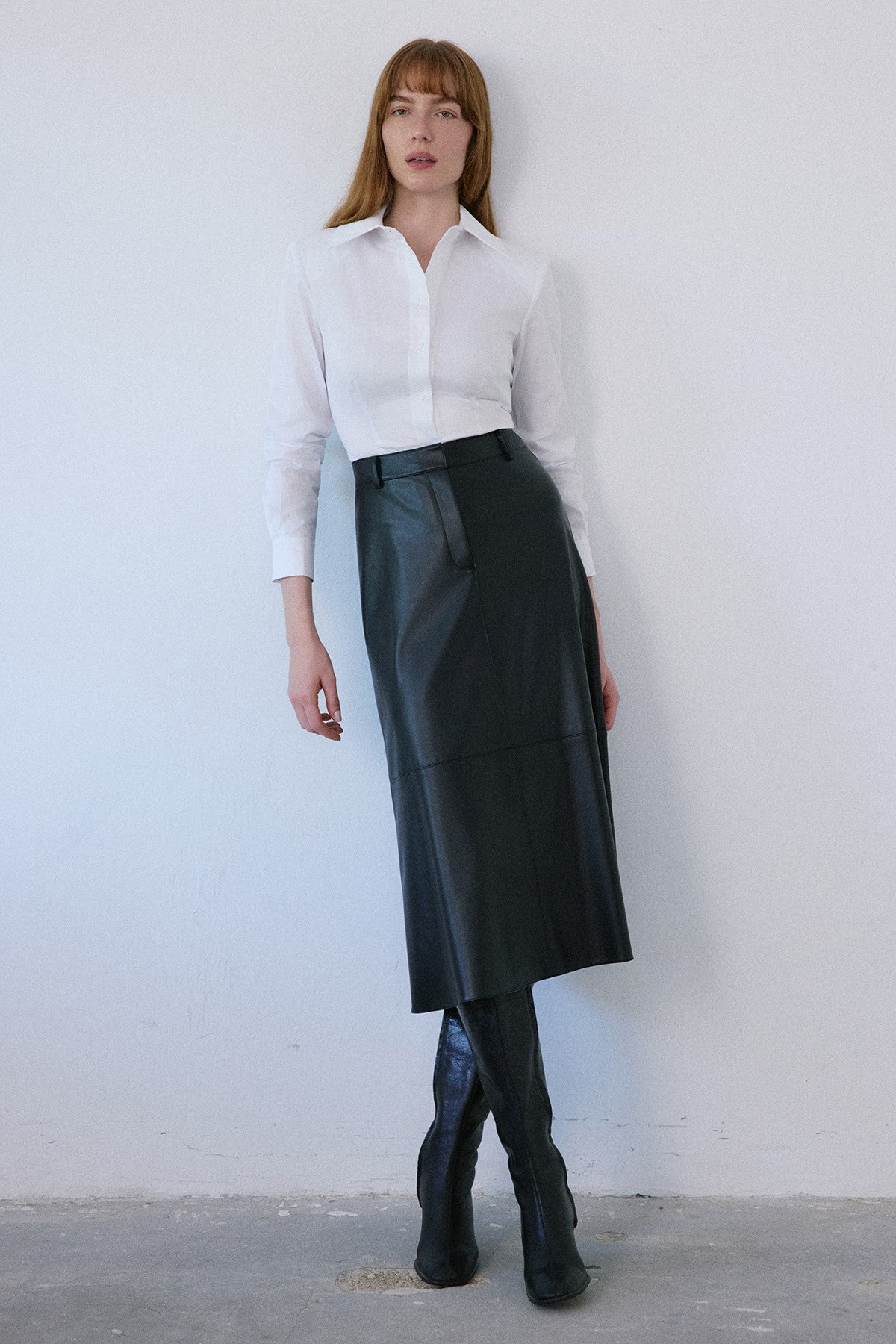 High Waist Faux Leather Midi  Skirt
