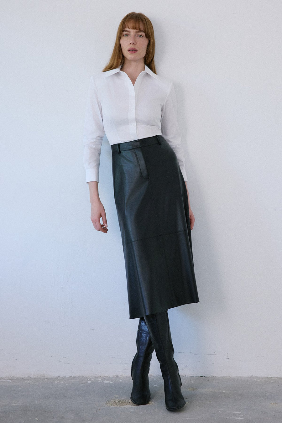 High Waist Faux Leather Midi  Skirt