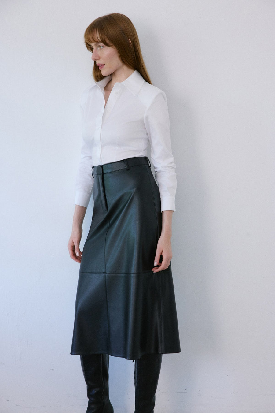 High Waist Faux Leather Midi  Skirt
