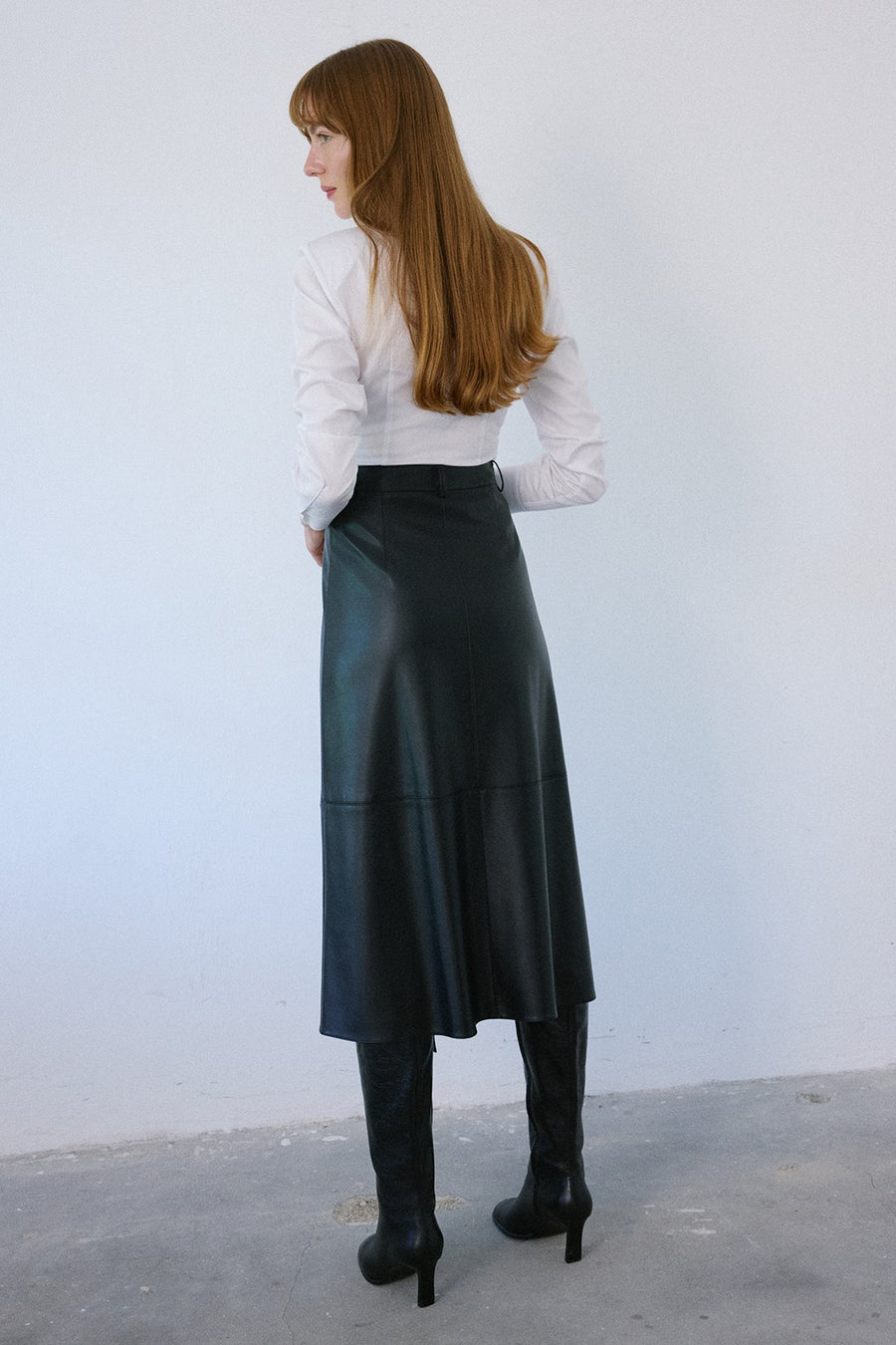 High Waist Faux Leather Midi  Skirt
