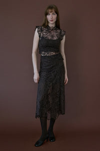 Brown High Waist Lace Midi  Skirt