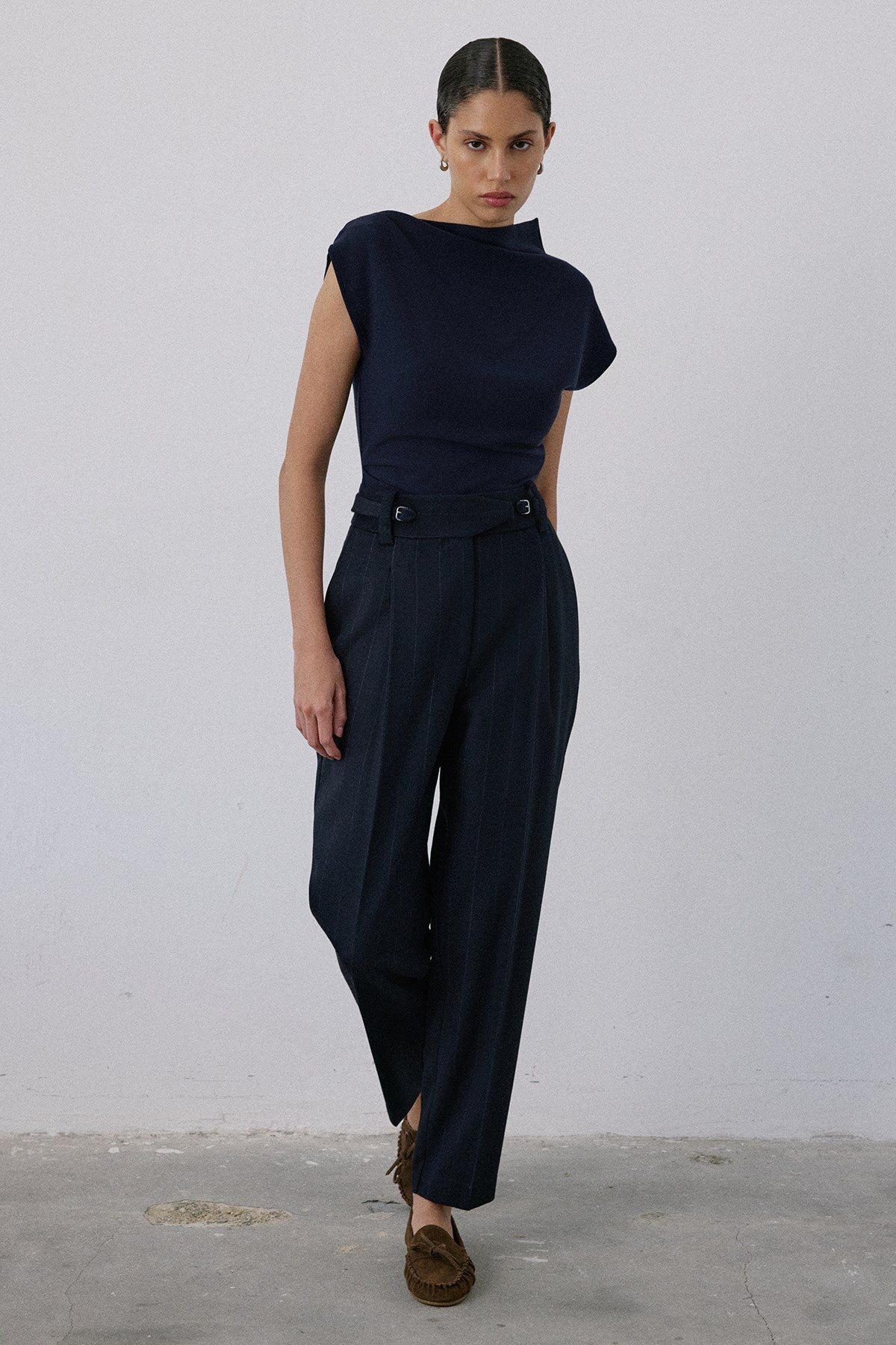 High Waist Striped  Blue Trousers