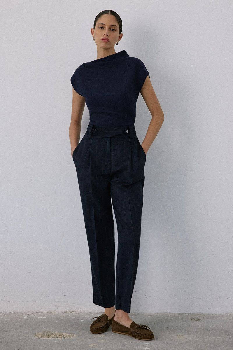 High Waist Striped  Blue Trousers