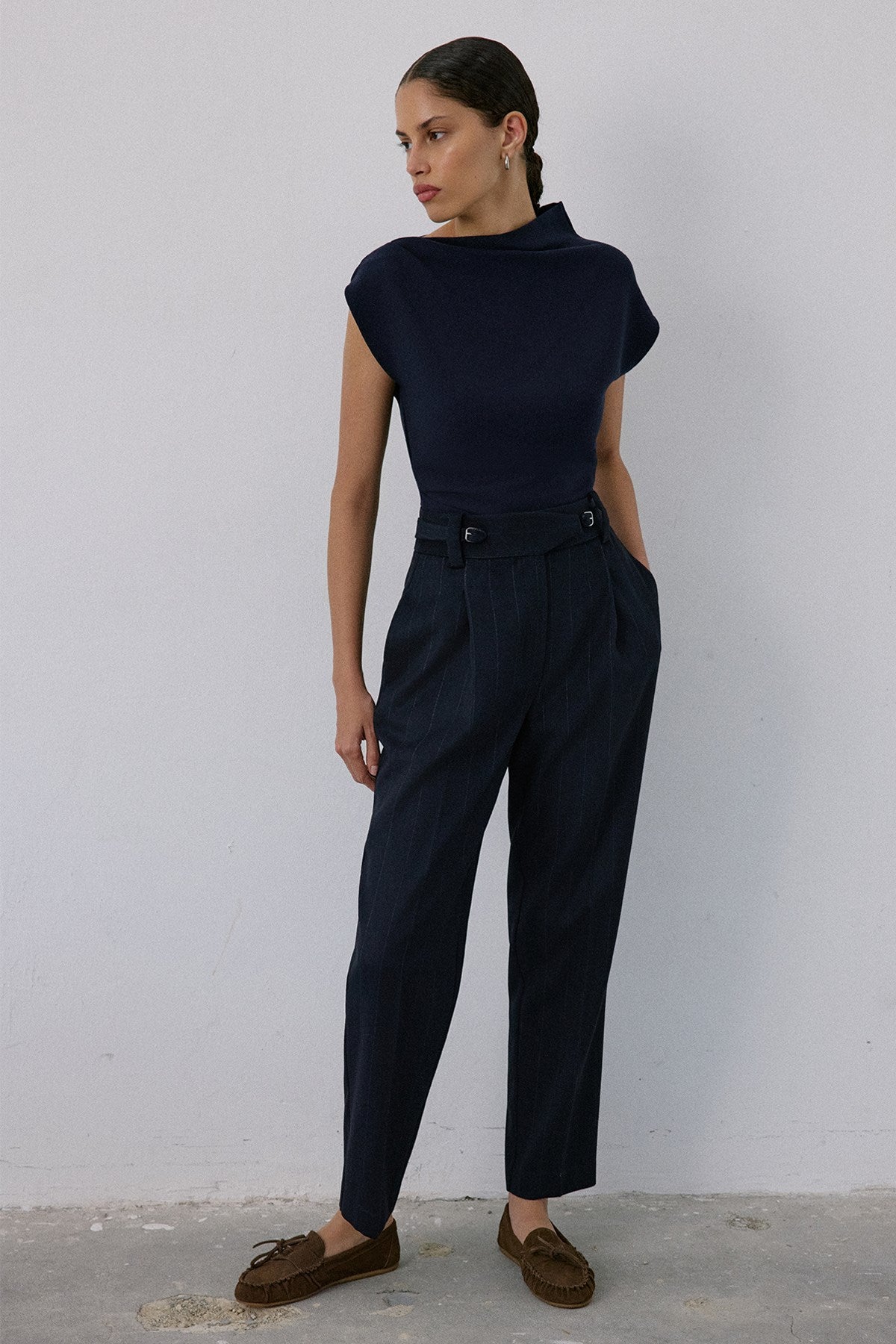 High Waist Striped  Blue Trousers