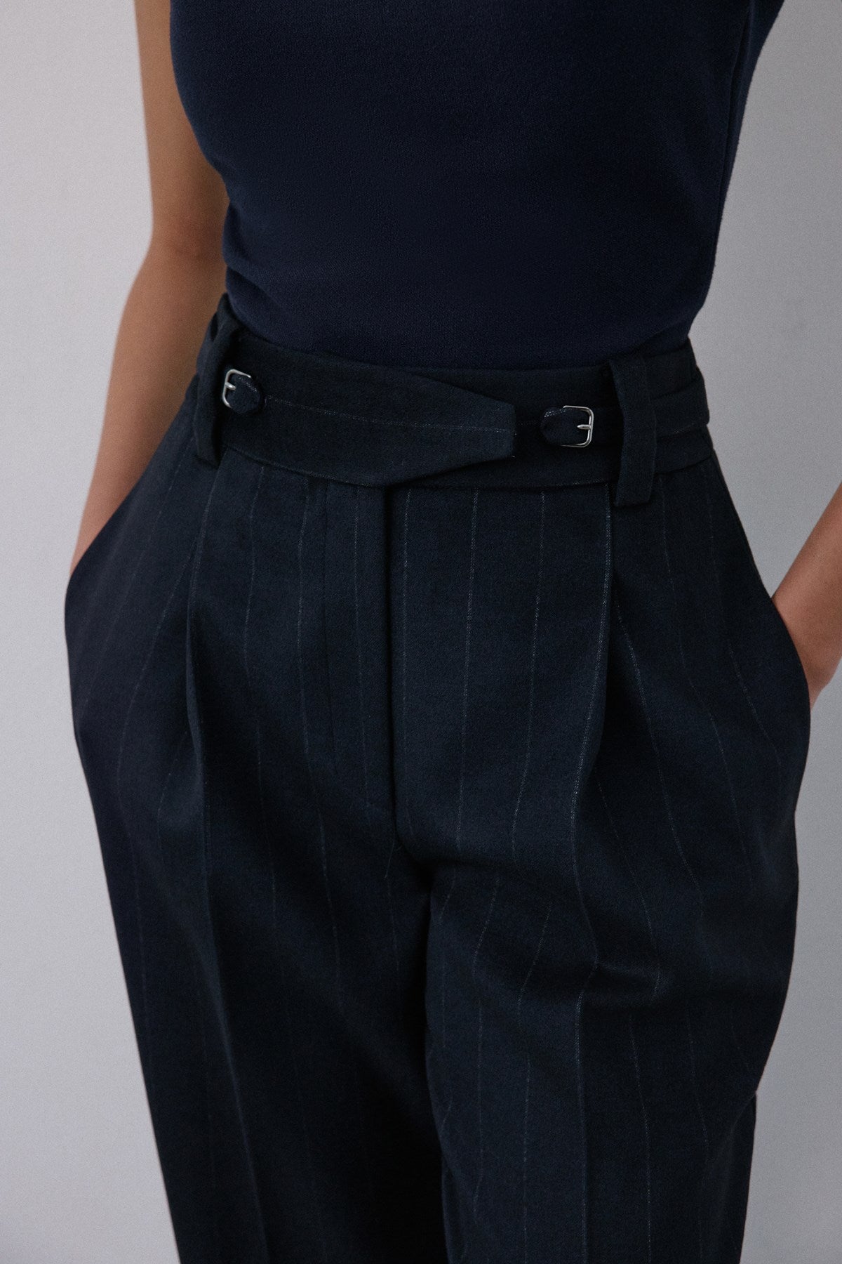 High Waist Striped  Blue Trousers