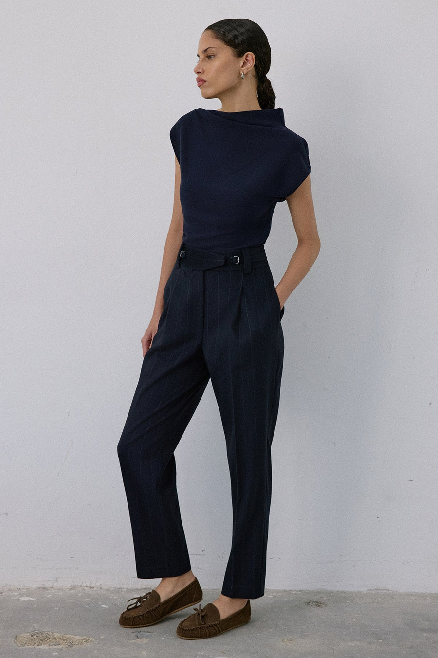 High Waist Striped  Blue Trousers