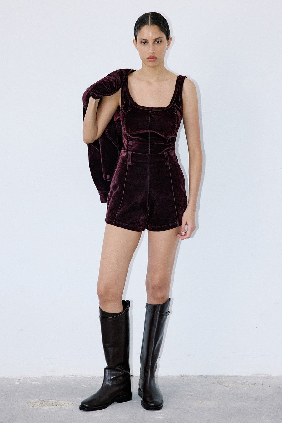 High Waist Velvet Burgundy Shorts