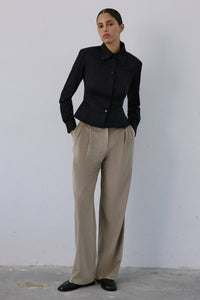 Beige High Waist Velvet Wide Leg  Trousers