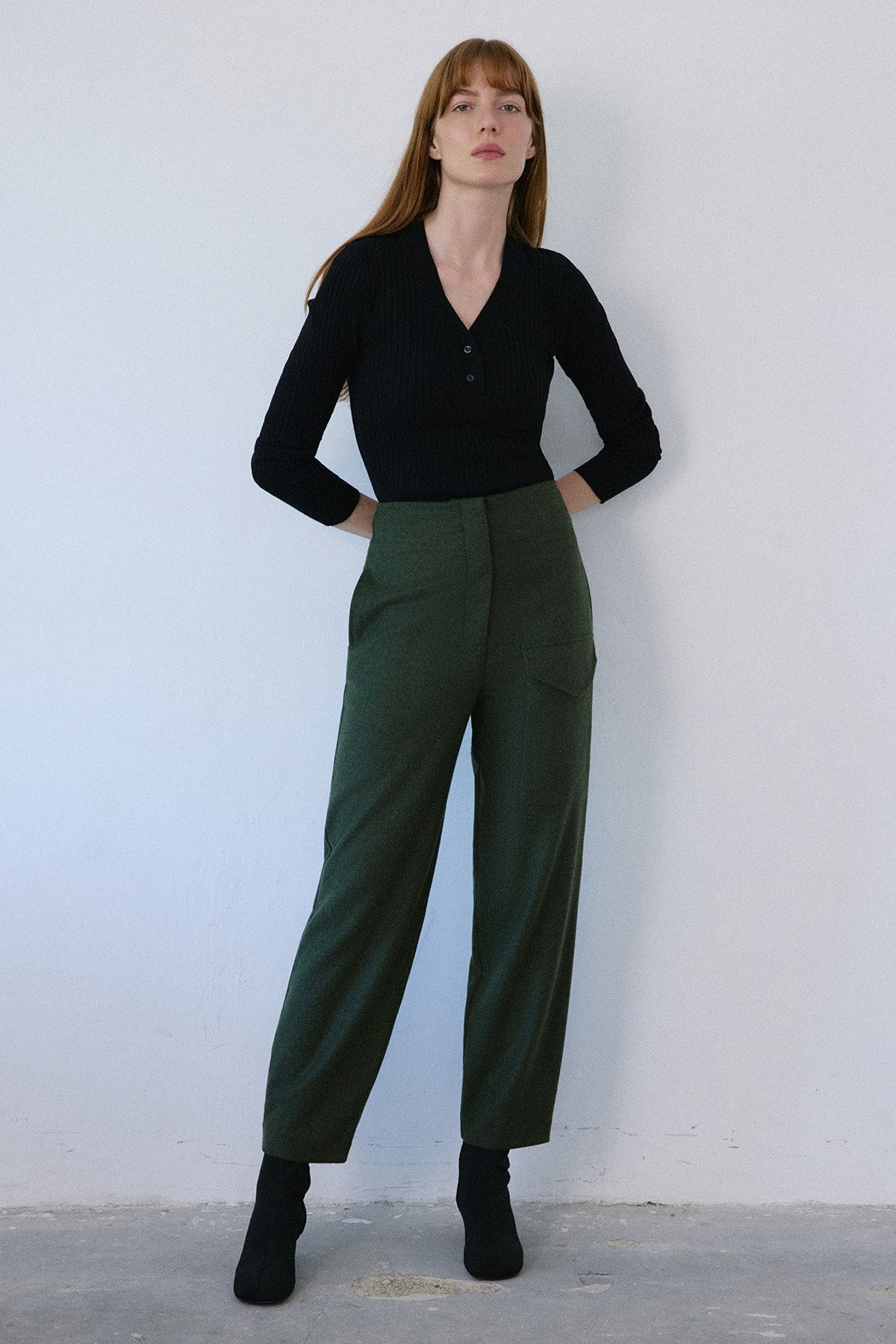 High Waist Wool Textured  Trousers