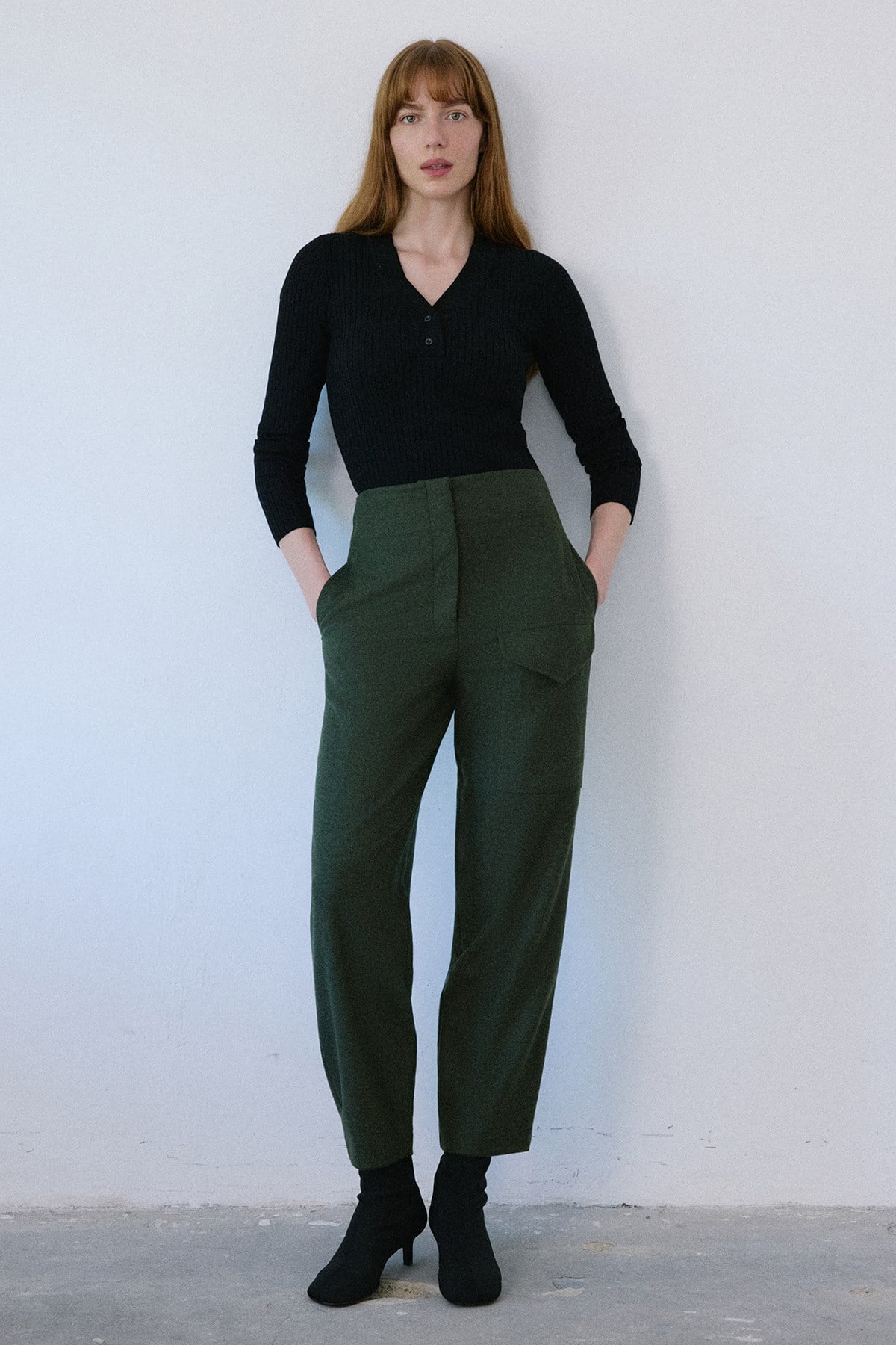 High Waist Wool Textured  Trousers
