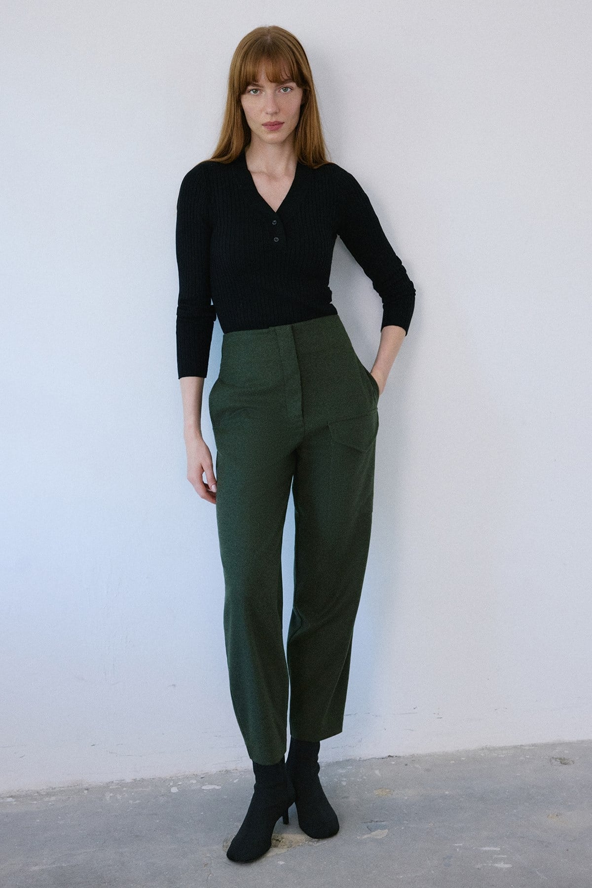High Waist Wool Textured  Trousers