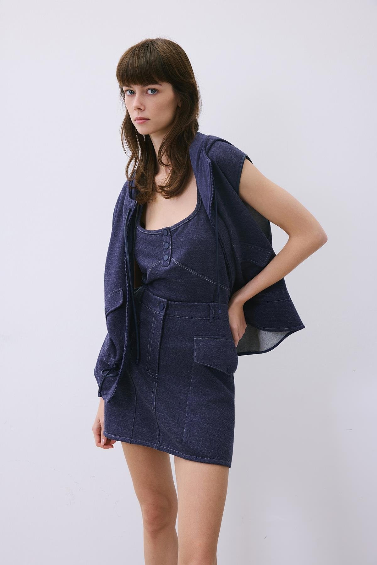 Indigo Knit Mini Skirt with Contrast Stitch