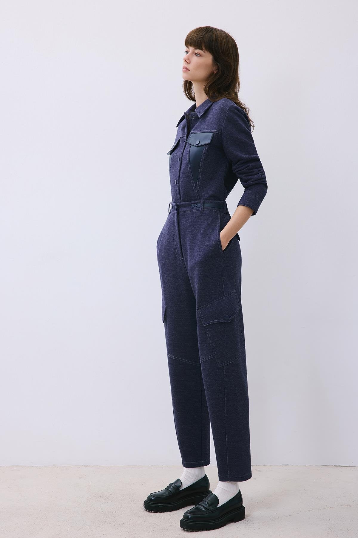 Indigo Knit Relaxed Fit Pants with Faux Leather Detail