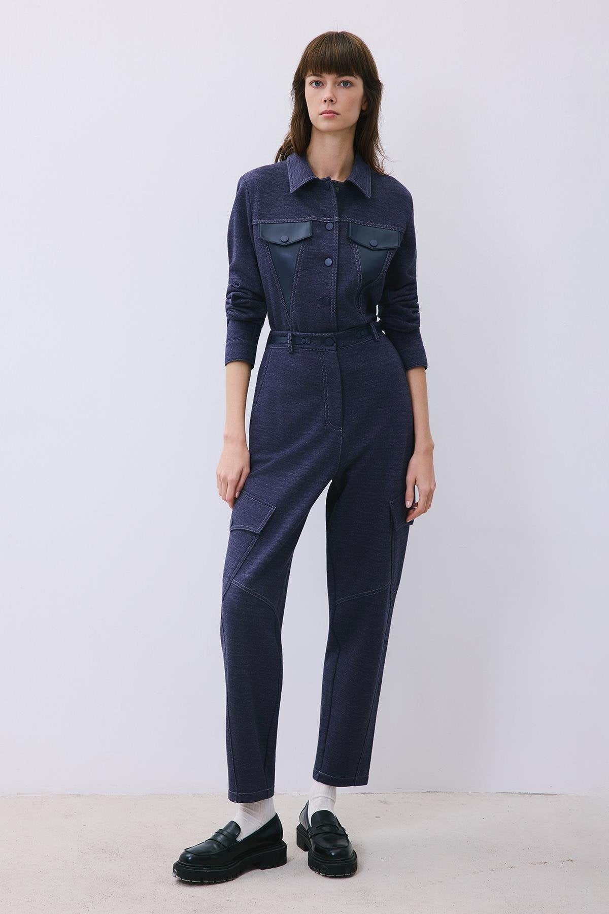 Indigo Knit Relaxed Fit Pants with Faux Leather Detail