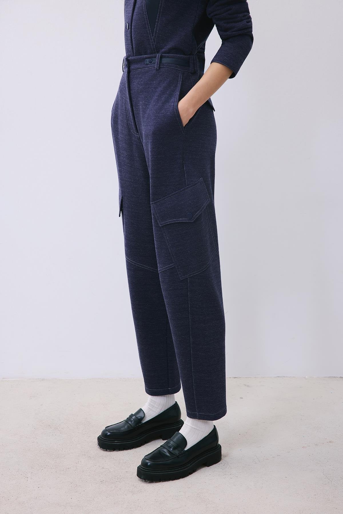 Indigo Knit Relaxed Fit Pants with Faux Leather Detail