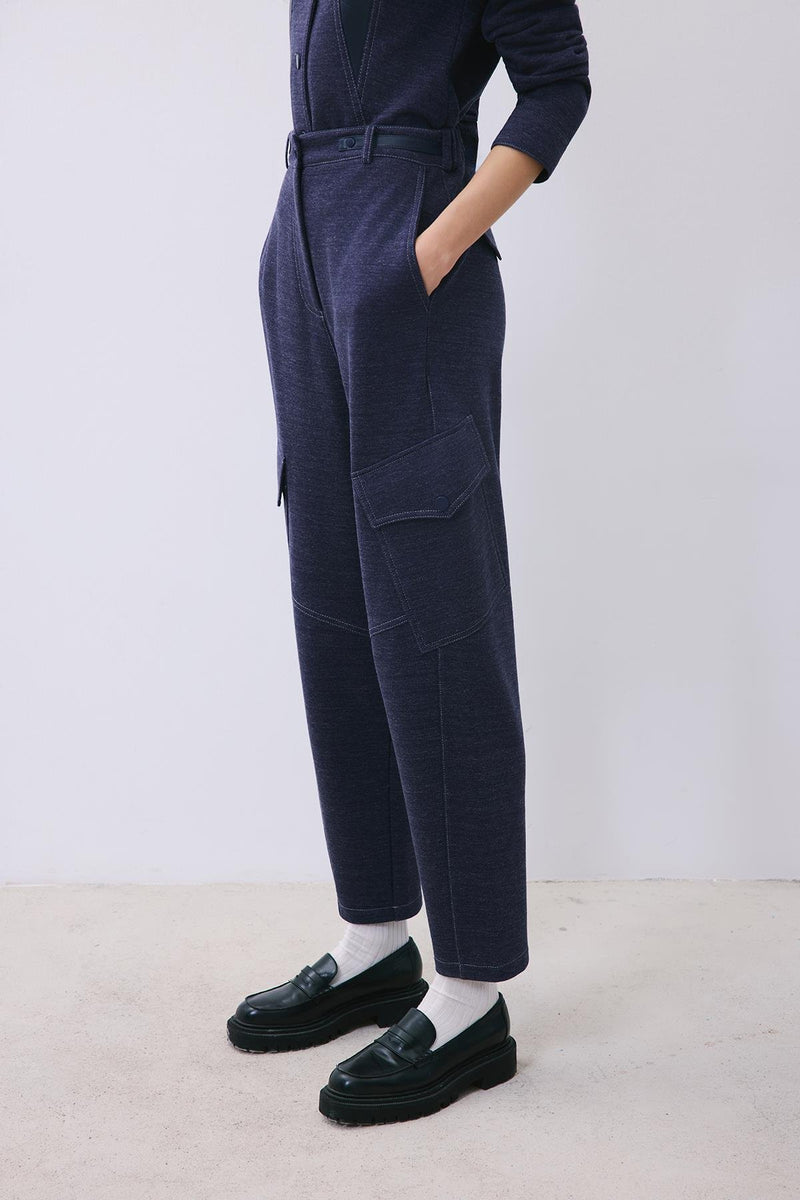 Indigo Knit Relaxed Fit Pants with Faux Leather Detail