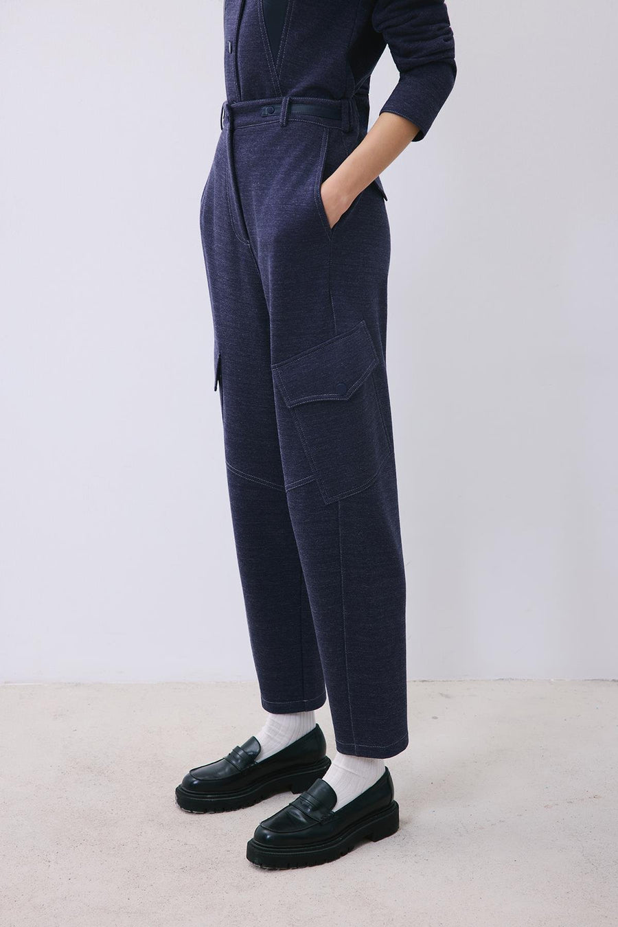 Indigo Knit Relaxed Fit Pants with Faux Leather Detail