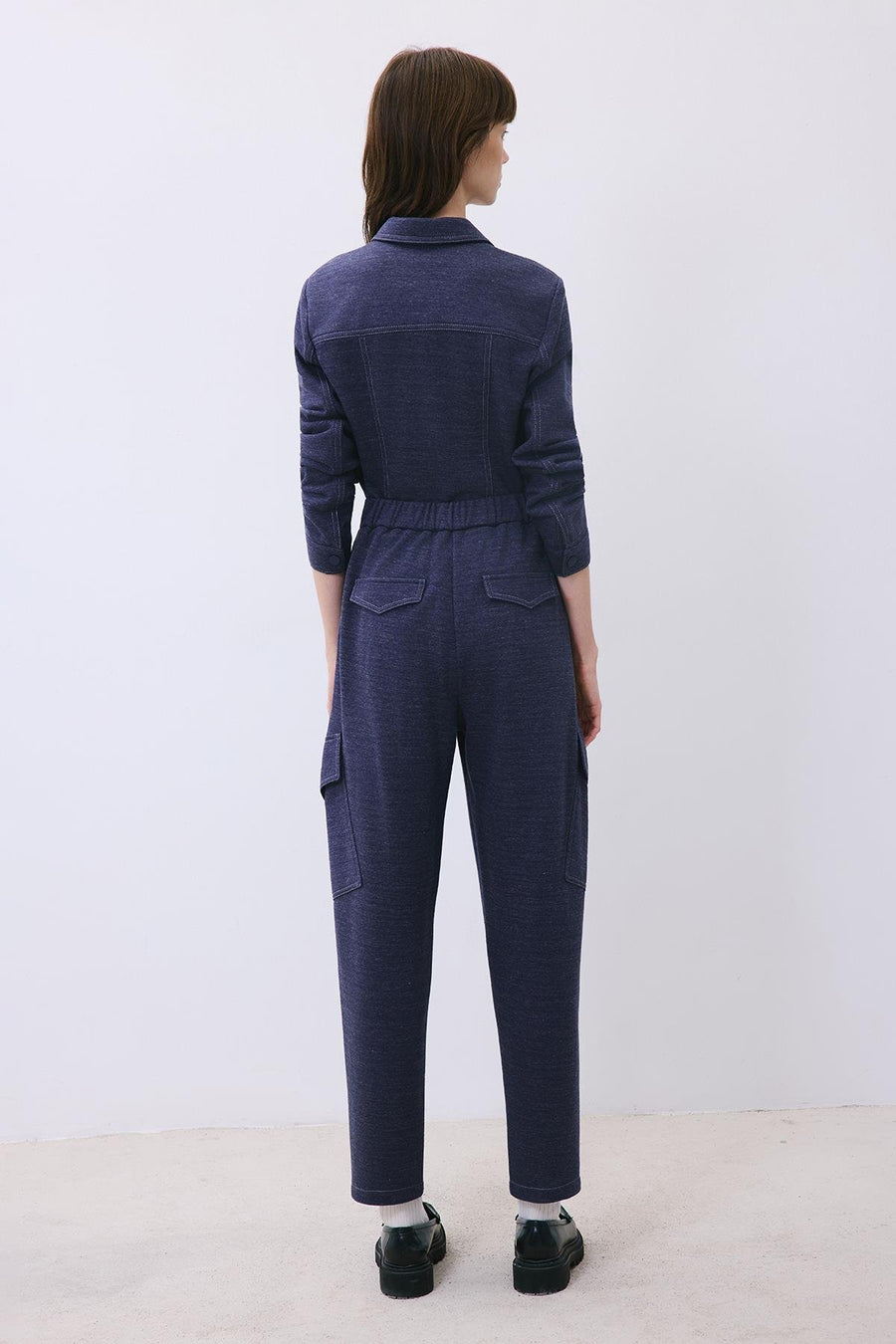 Indigo Knit Relaxed Fit Pants with Faux Leather Detail