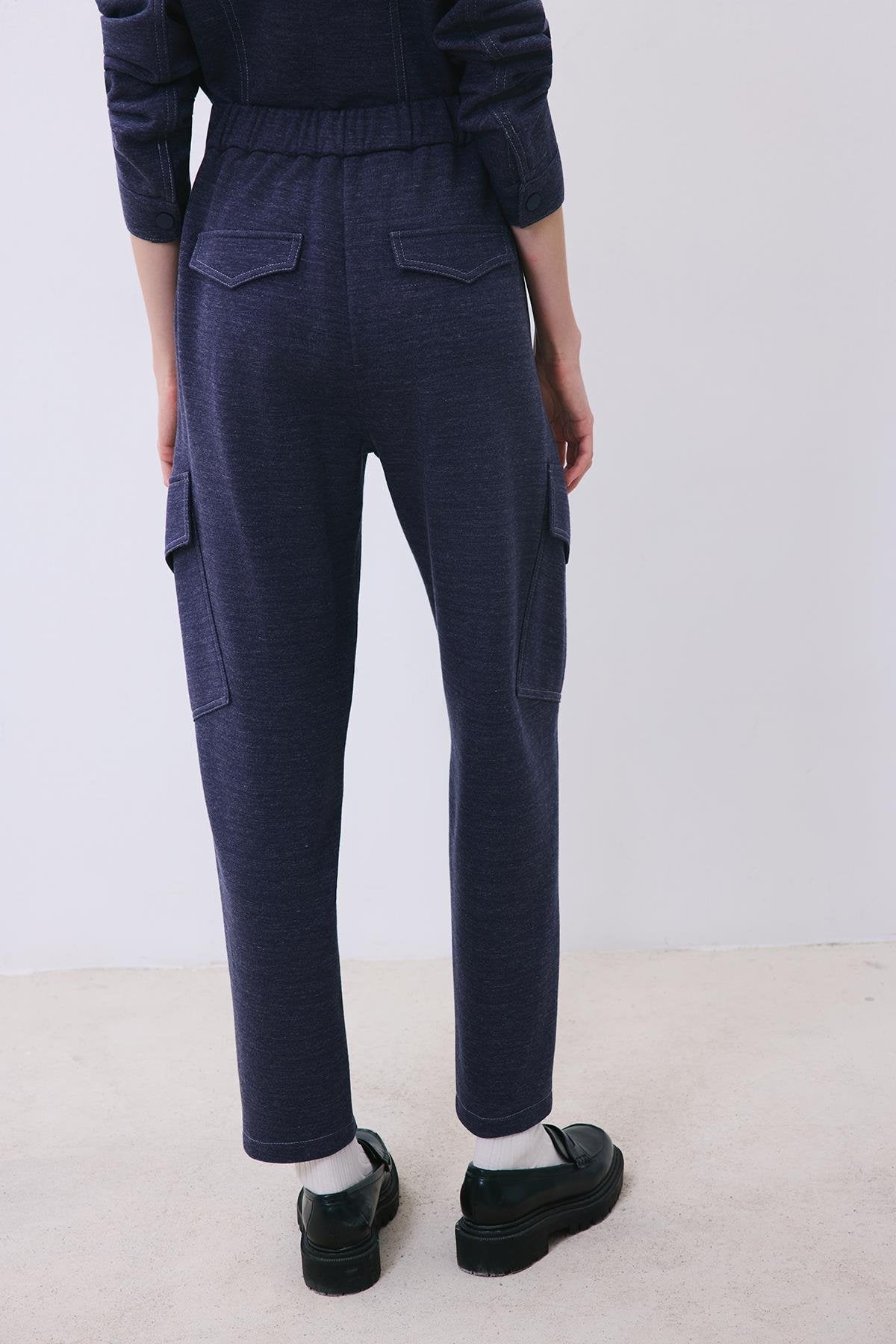 Indigo Knit Relaxed Fit Pants with Faux Leather Detail