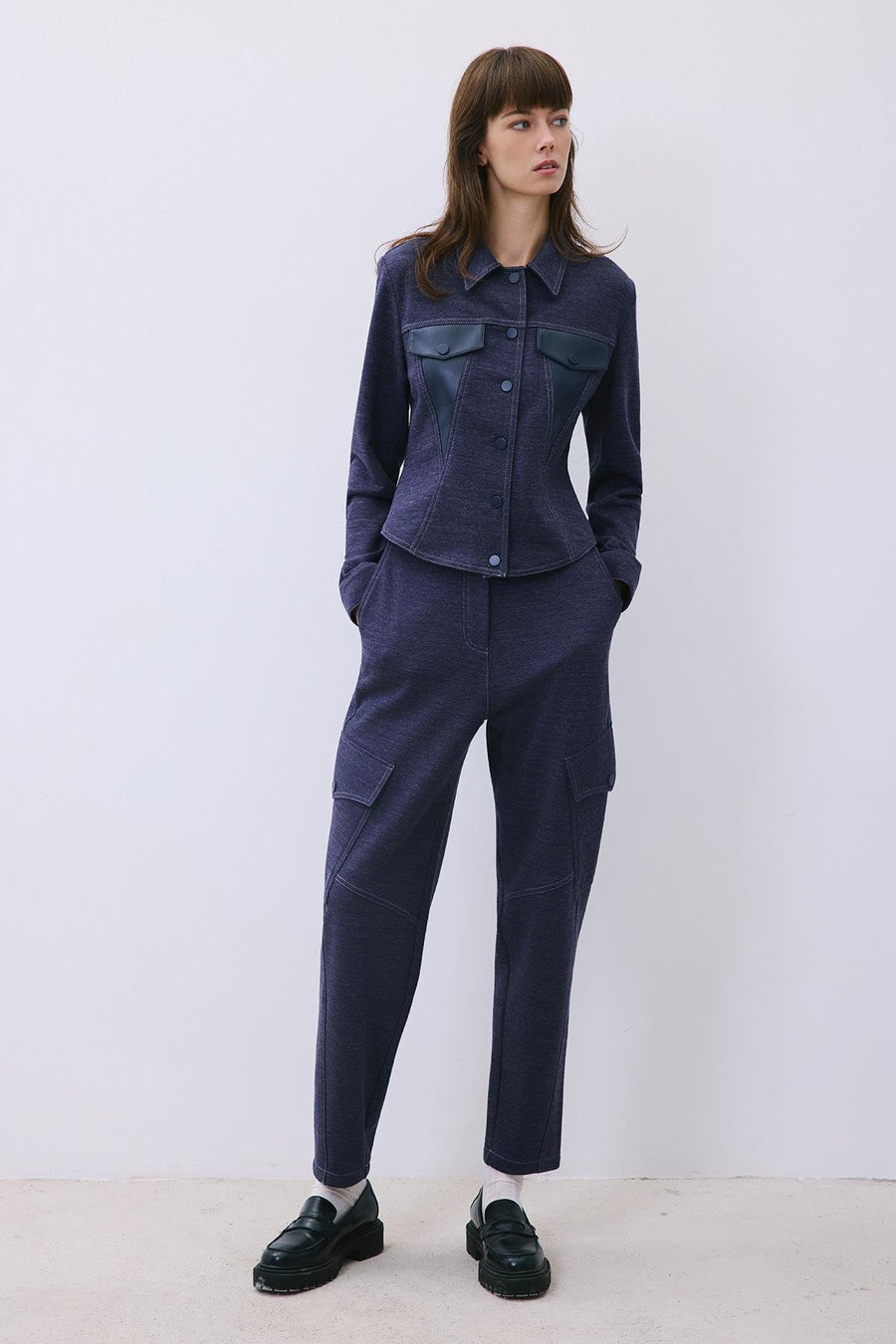 Indigo Knit Shirt with Faux Leather Detail