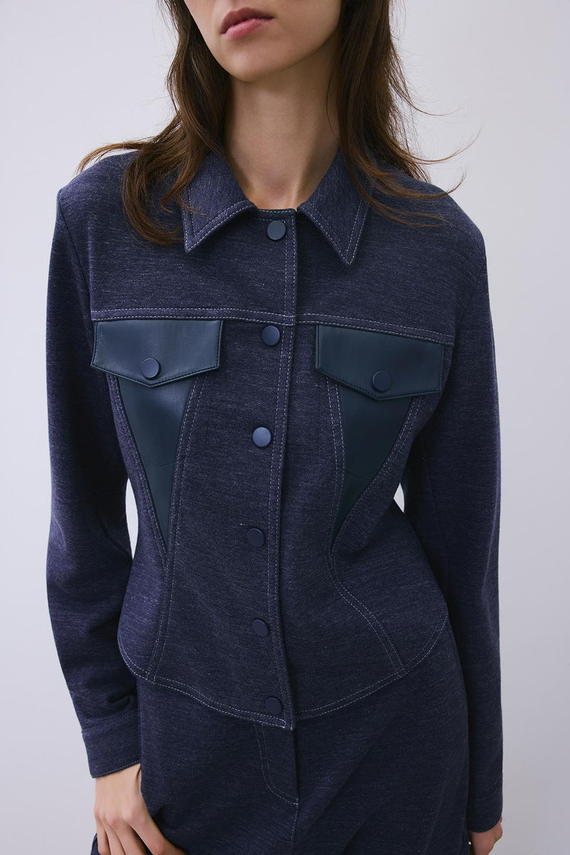 Indigo Knit Shirt with Faux Leather Detail