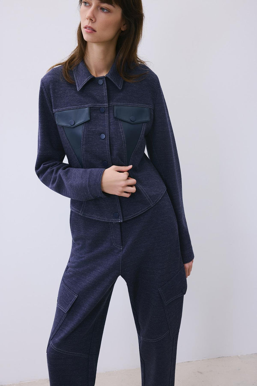 Indigo Knit Shirt with Faux Leather Detail