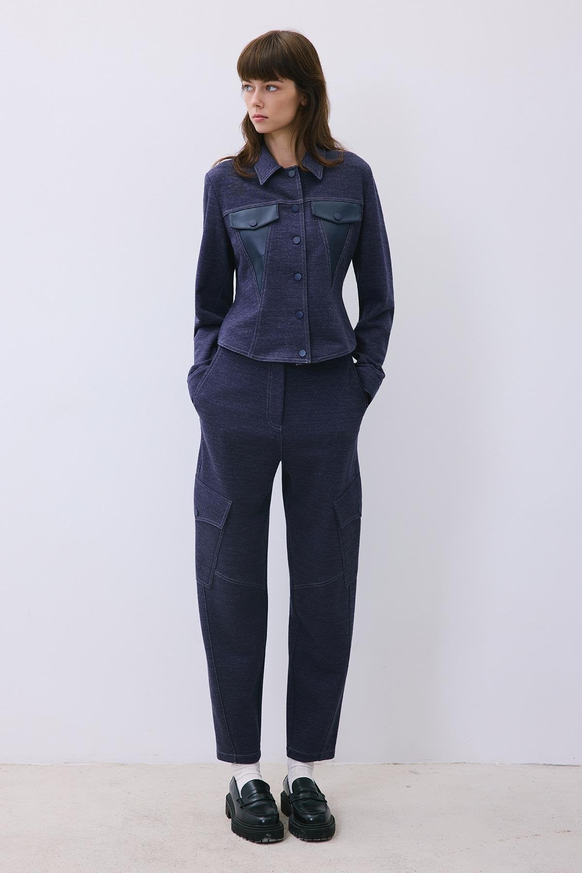 Indigo Knit Shirt with Faux Leather Detail