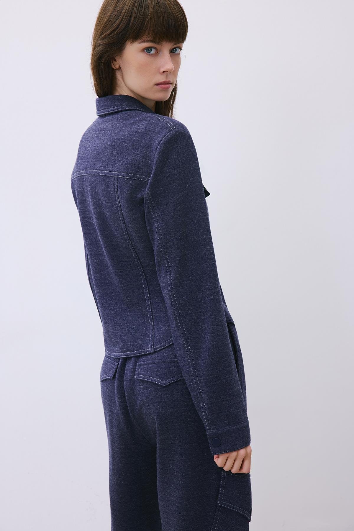 Indigo Knit Shirt with Faux Leather Detail