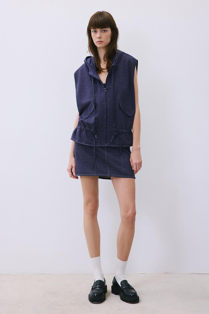 Indigo Knit Vest with Hood and Leather Trim