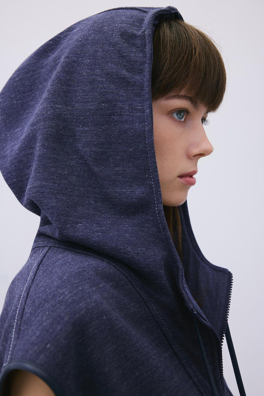 Indigo Knit Vest with Hood and Leather Trim