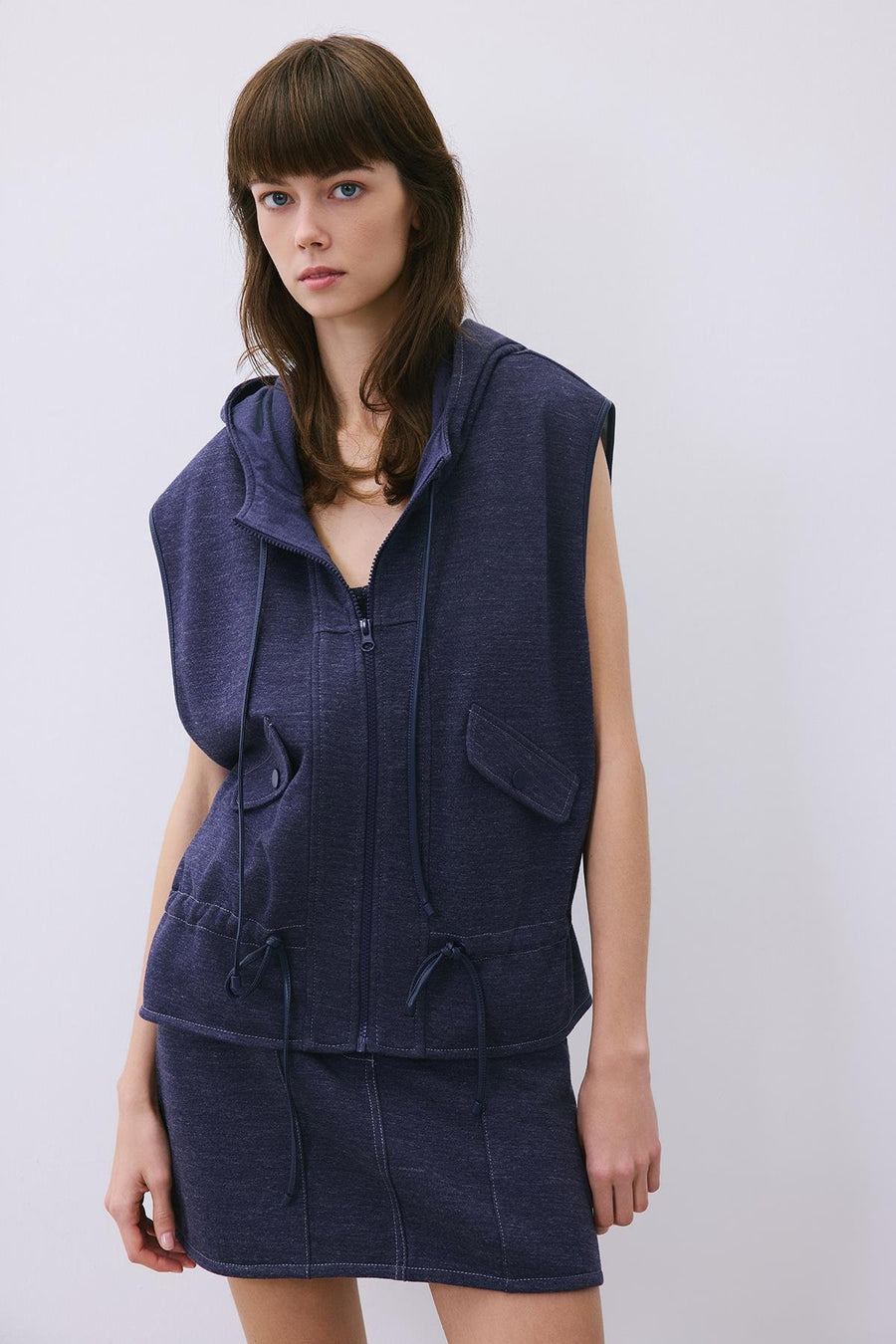 Indigo Knit Vest with Hood and Leather Trim