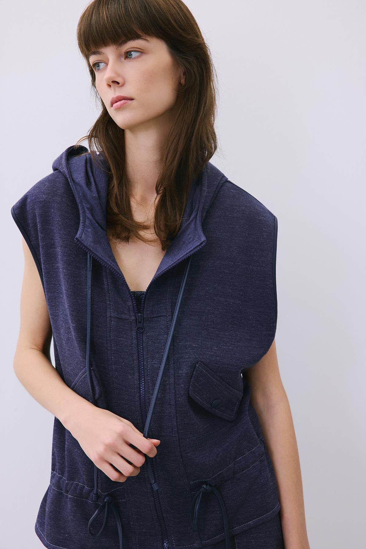 Indigo Knit Vest with Hood and Leather Trim