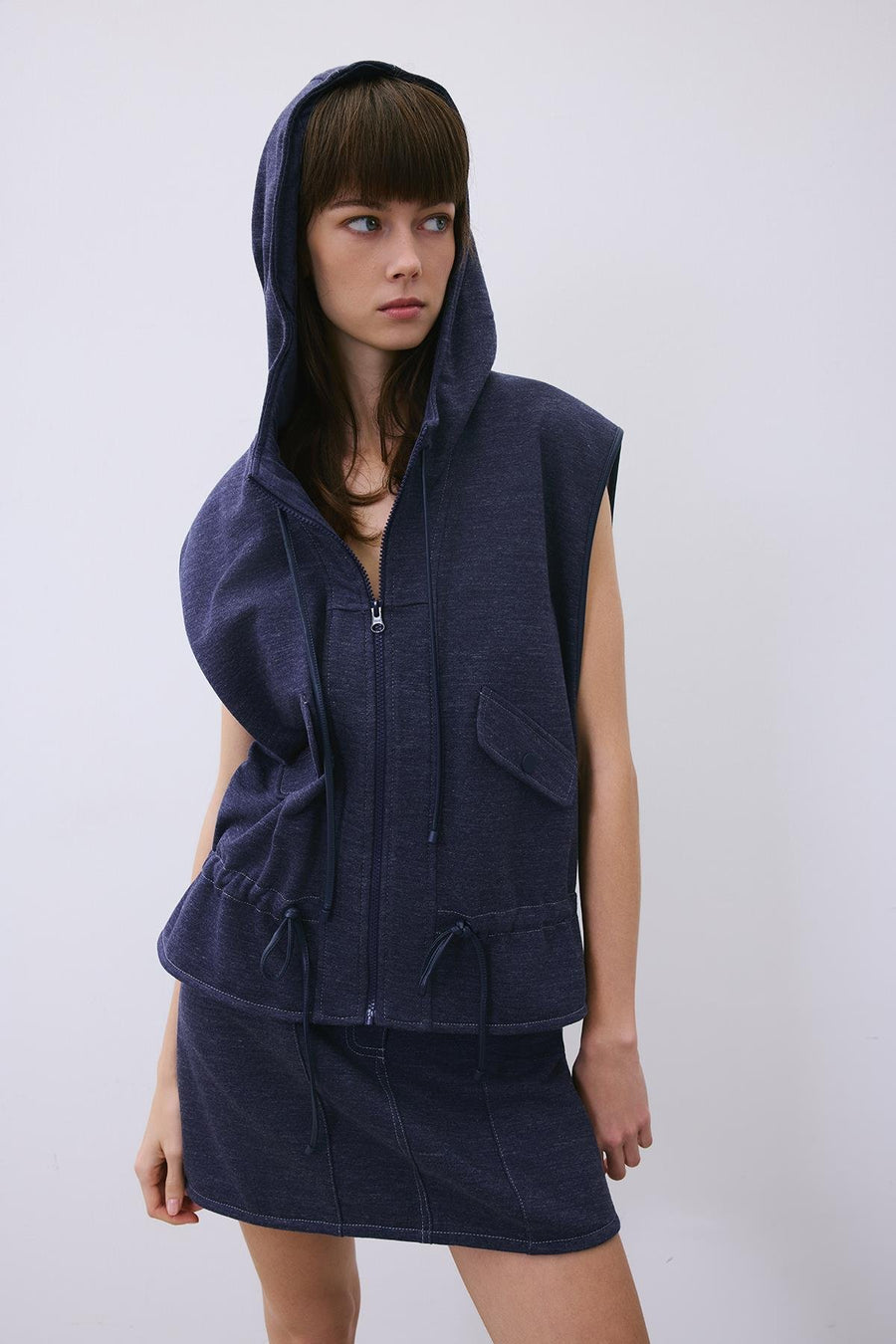 Indigo Knit Vest with Hood and Leather Trim