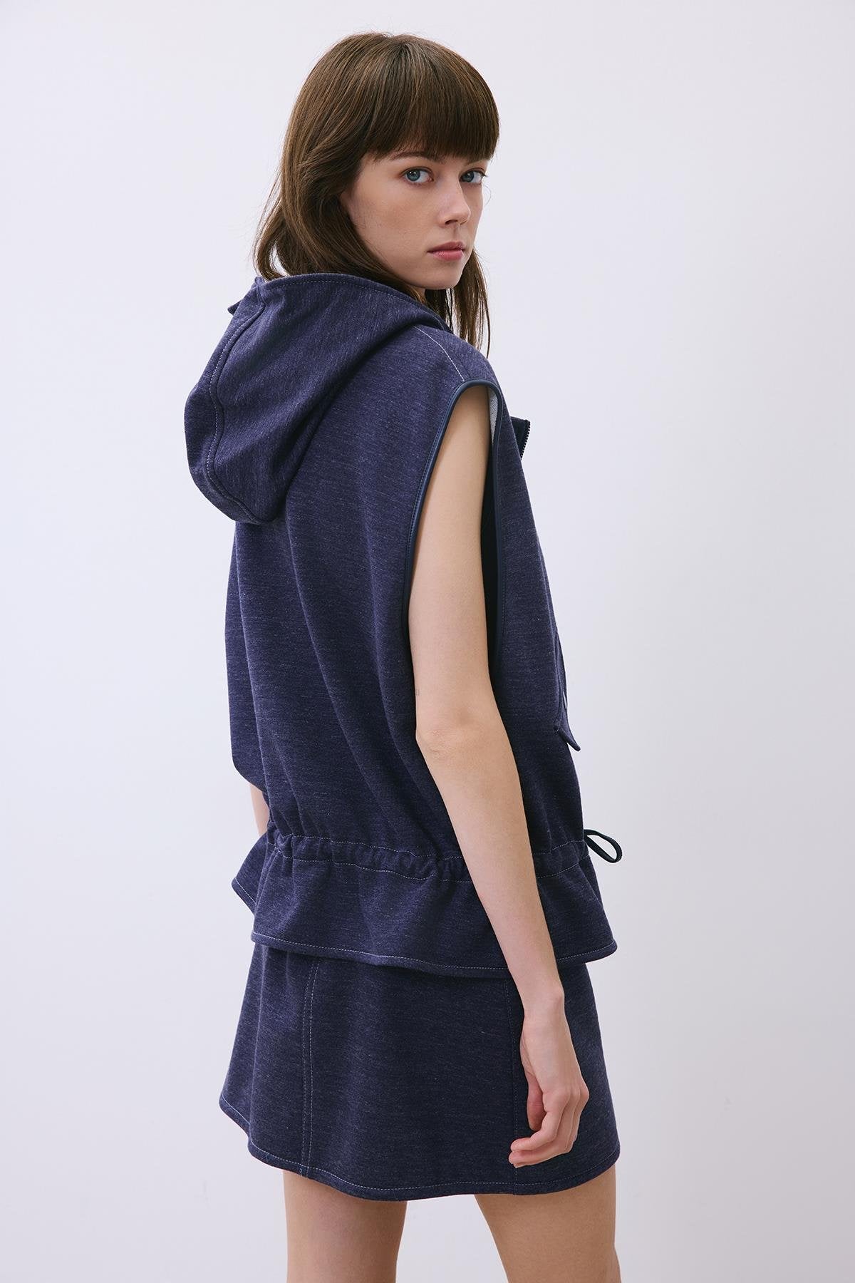 Indigo Knit Vest with Hood and Leather Trim