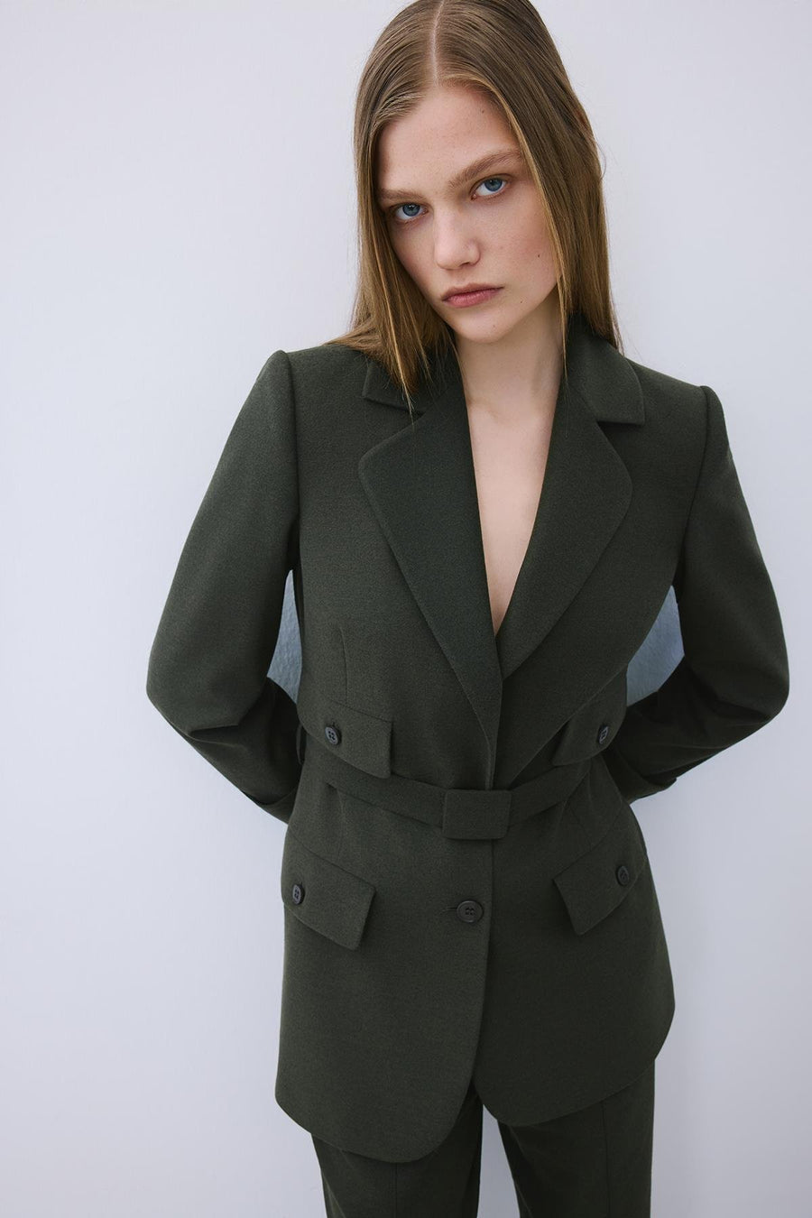 Khaki Belted Lined Jacket with Pockets
