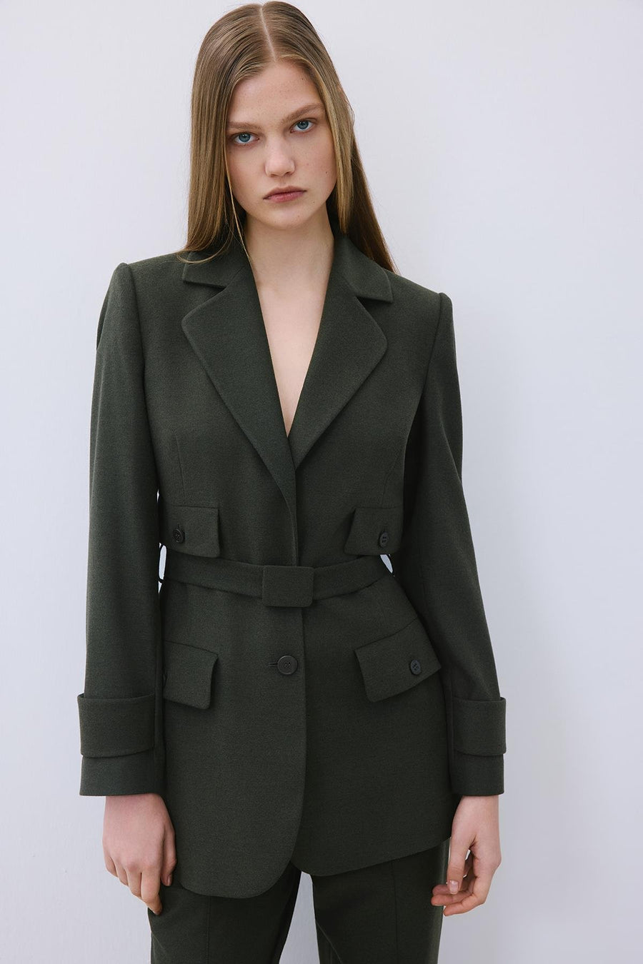 Khaki Belted Lined Jacket with Pockets