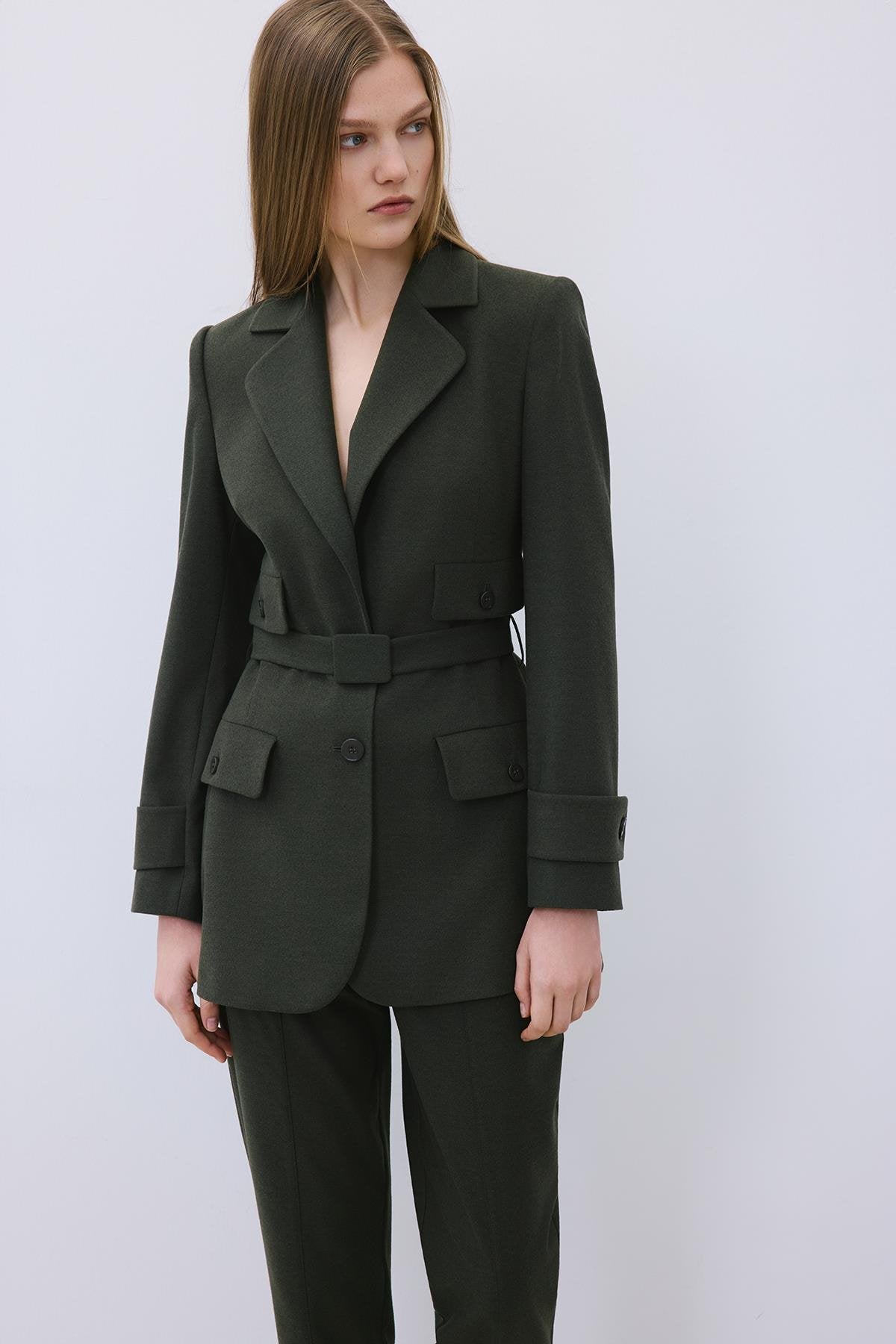 Khaki Belted Lined Jacket with Pockets