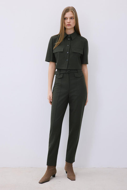 Wool-Blend Belted Pants with Stitch Details