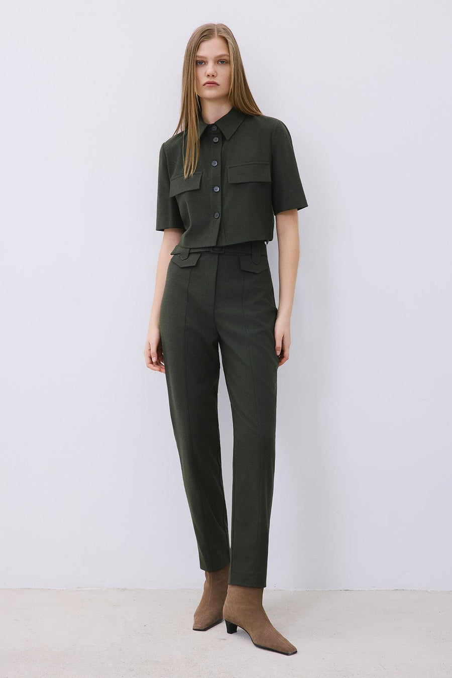 Wool-Blend Belted Pants with Stitch Details