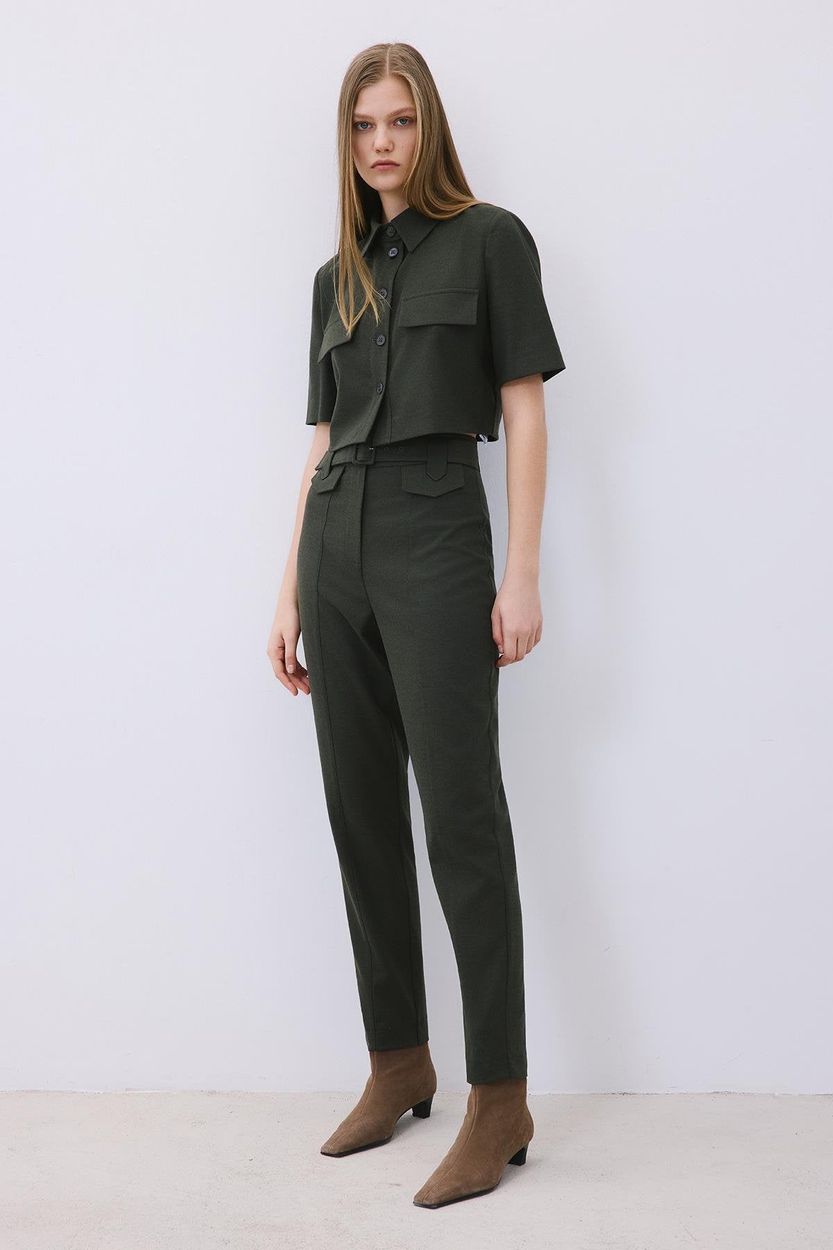 Wool-Blend Belted Pants with Stitch Details