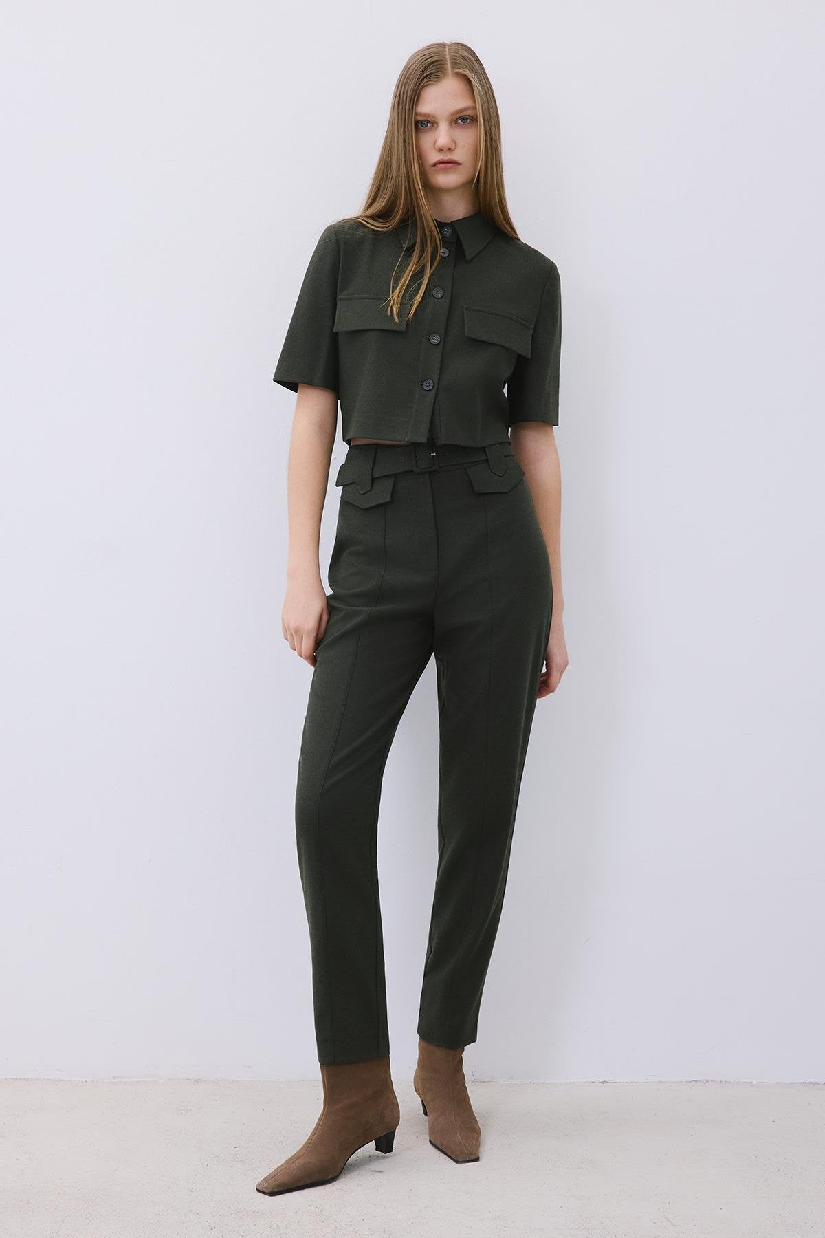 Wool-Blend Belted Pants with Stitch Details
