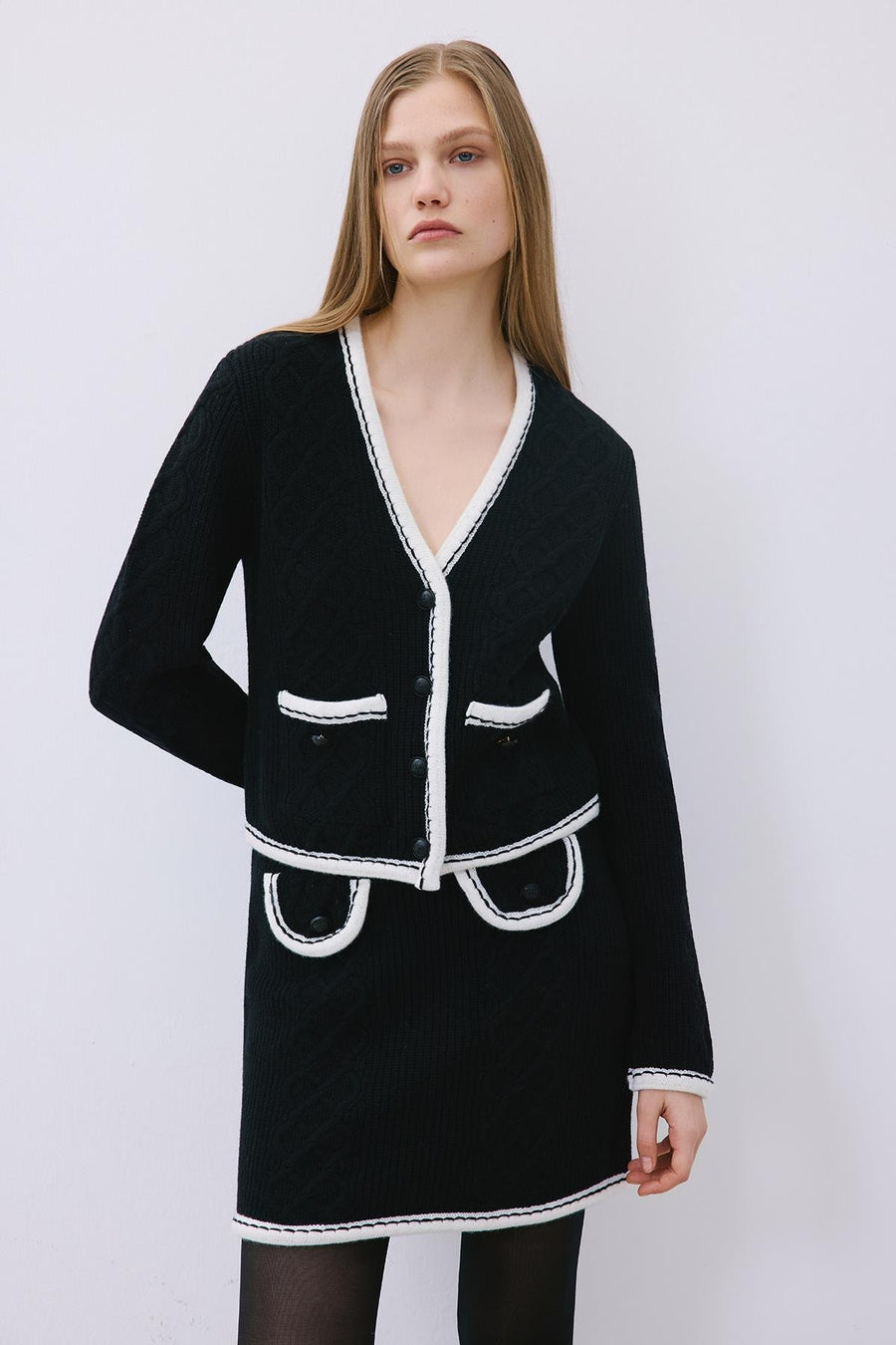 Knit Cardigan with Contrast Piping