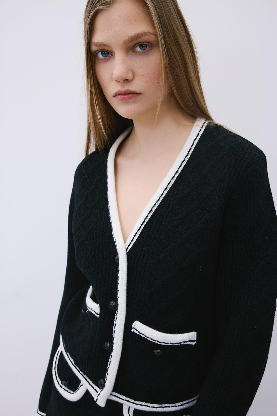 Knit Cardigan with Contrast Piping
