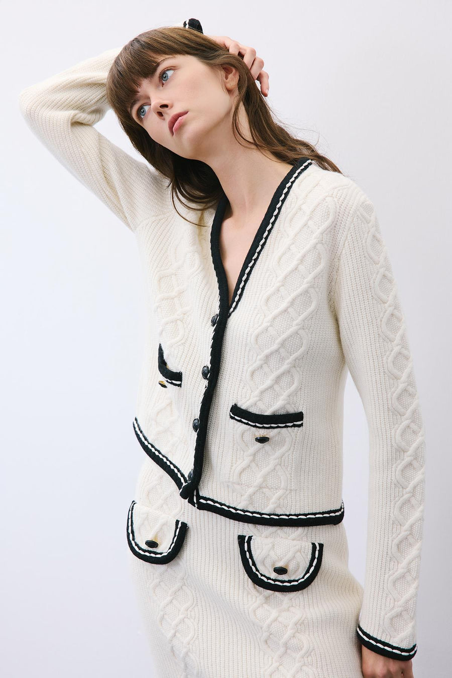 Knit Cardigan with Contrast Piping