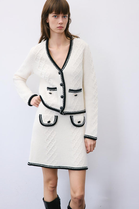 Knit Cardigan with Contrast Piping