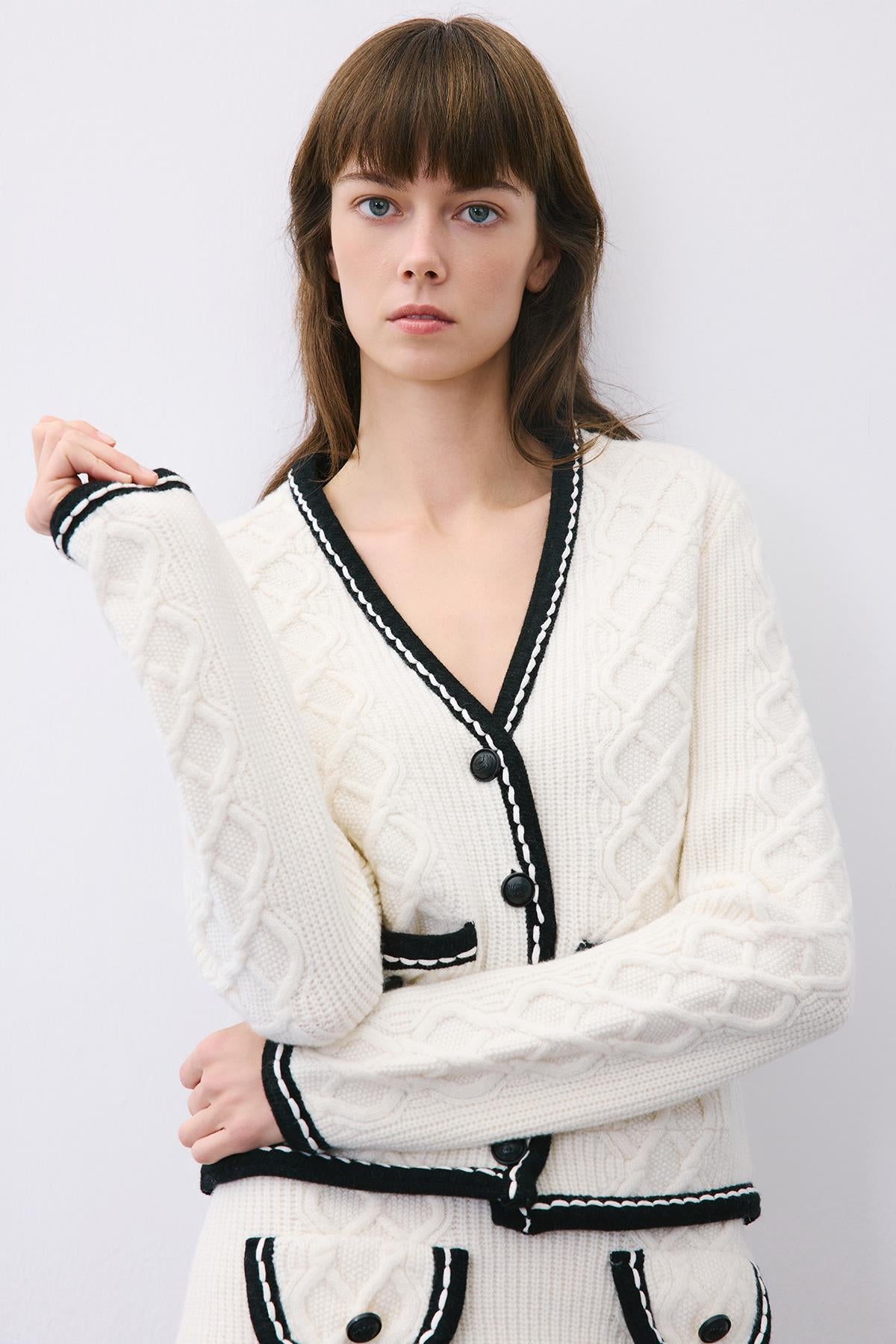 Knit Cardigan with Contrast Piping