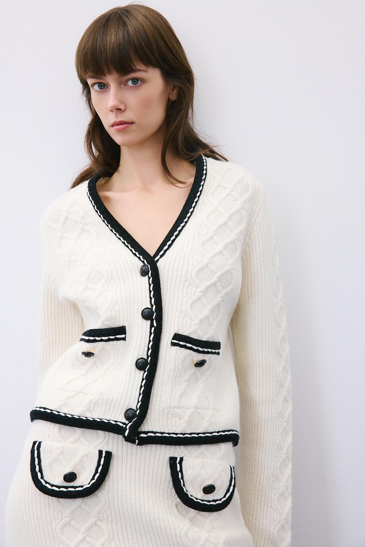 Knit Cardigan with Contrast Piping