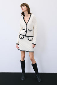 Ecru Knit Mini Skirt With Contrast Piping