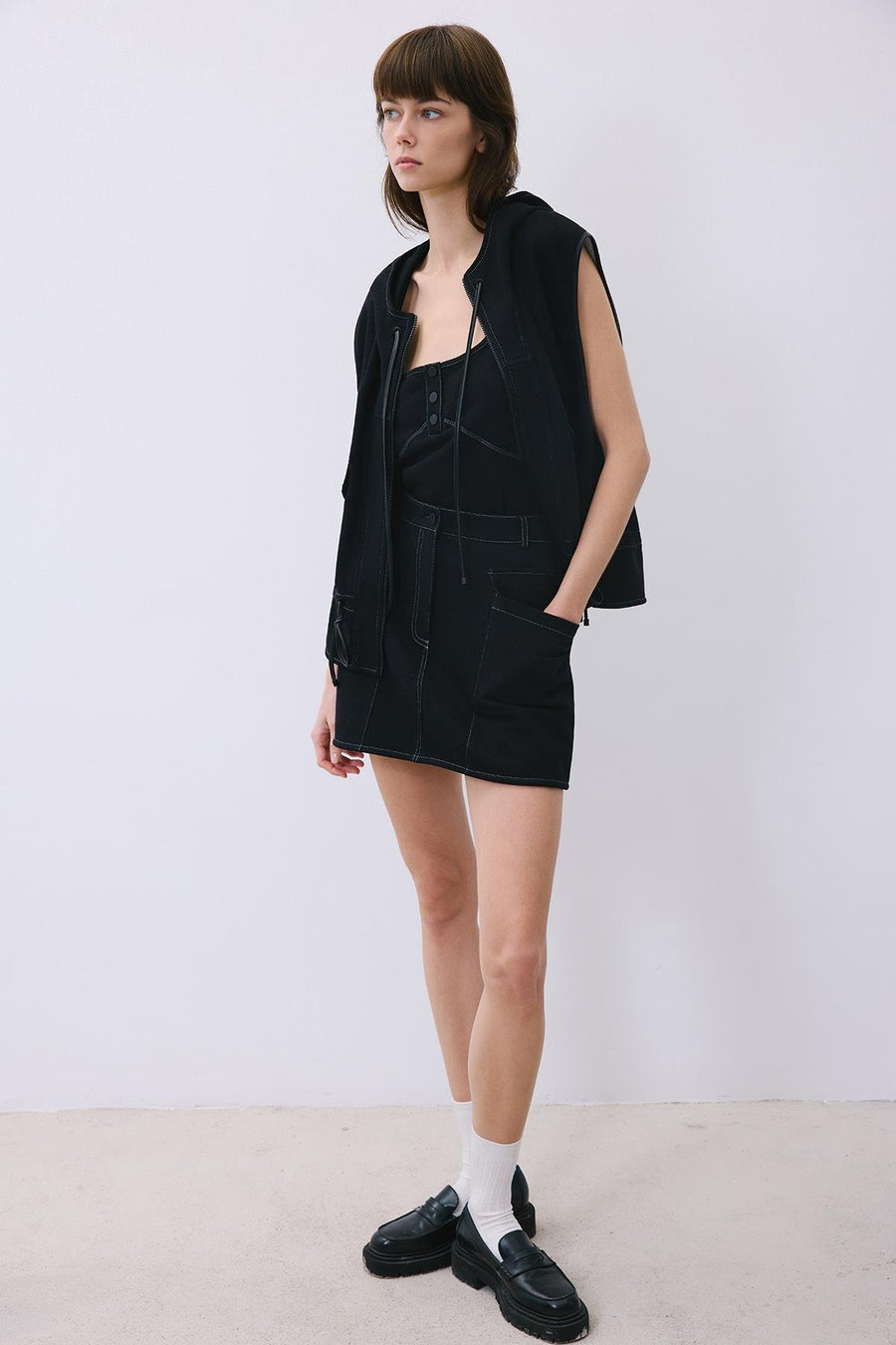 Indigo Knit Mini Skirt with Contrast Stitch