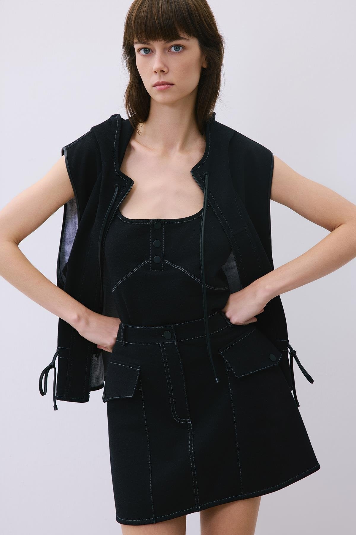 Indigo Knit Mini Skirt with Contrast Stitch